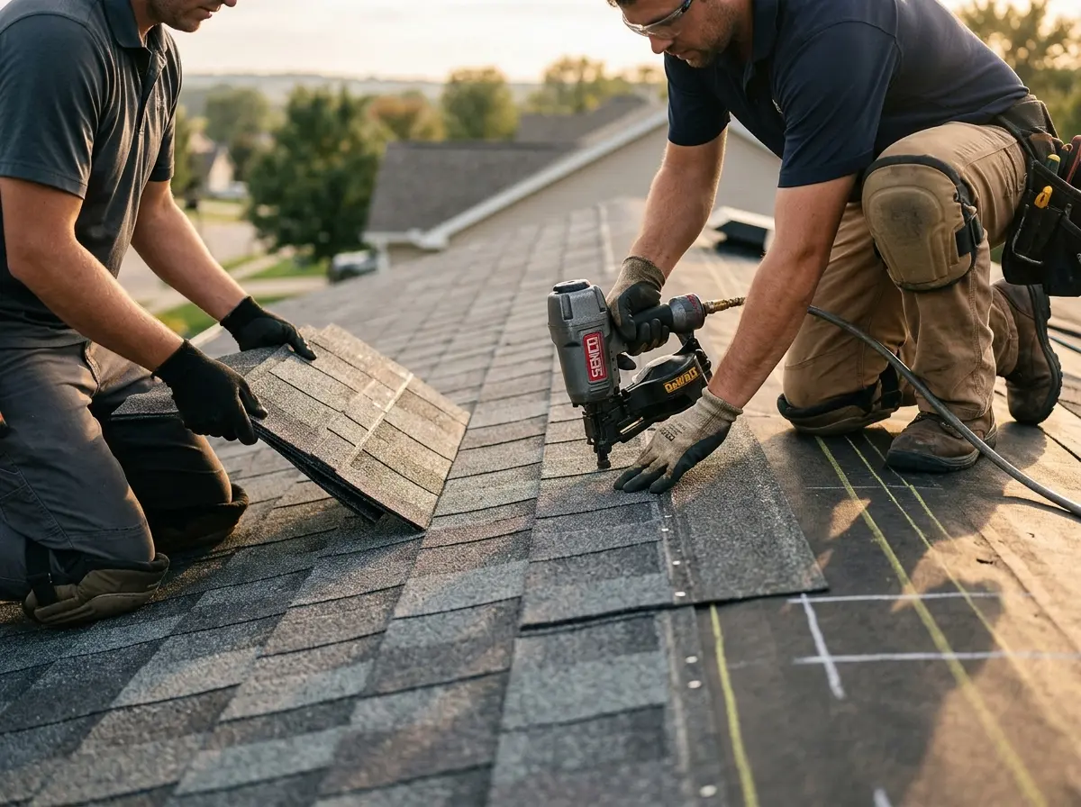 Professional roofer working on a residential roof in Riverton